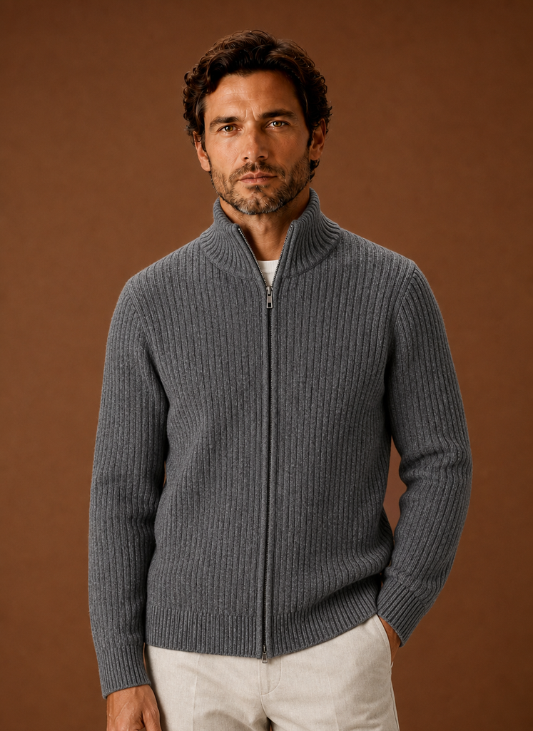 Front view of Areleon men's ribbed full zip sweater with high stand collar