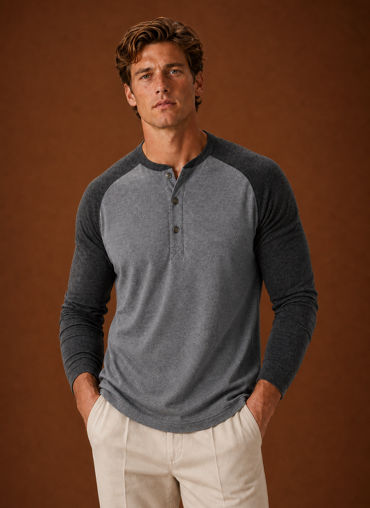Front view of Areleon men's Henley shirt showing button-placket neckline and clean silhouette