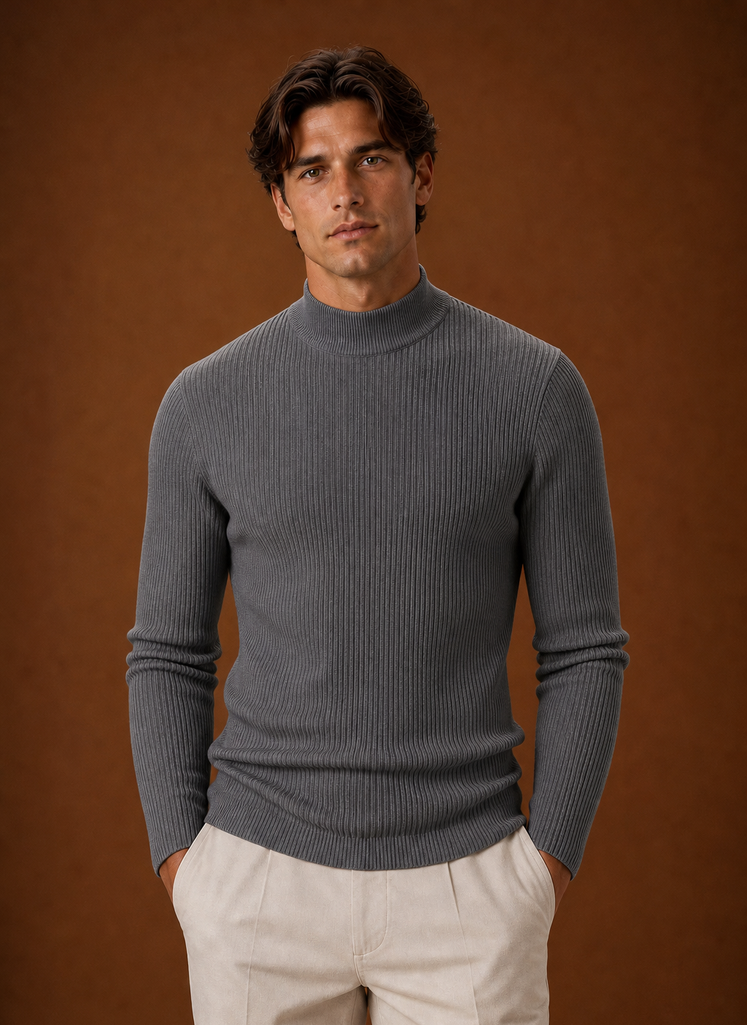 Men's Turtleneck Sweater - Ribbed Roll Neck Knit Pullover front view