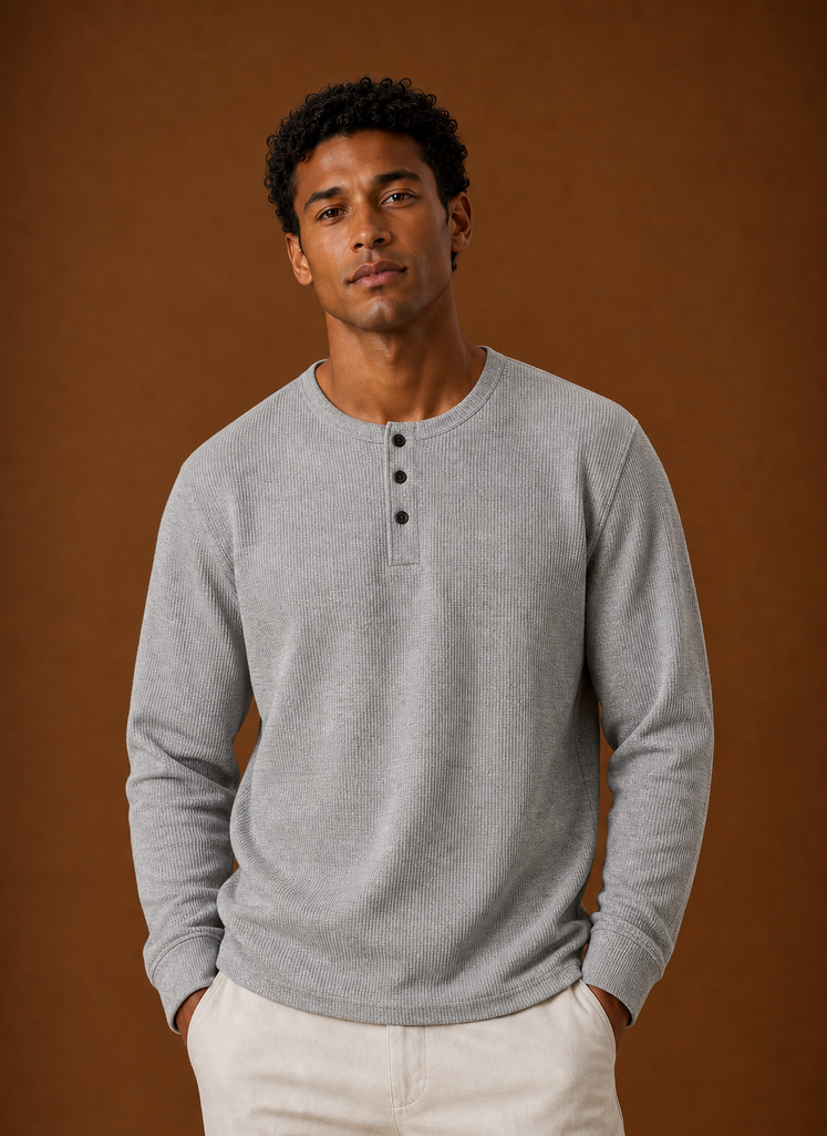 Front view of men's waffle knit Henley shirt showing button placket and textured knit