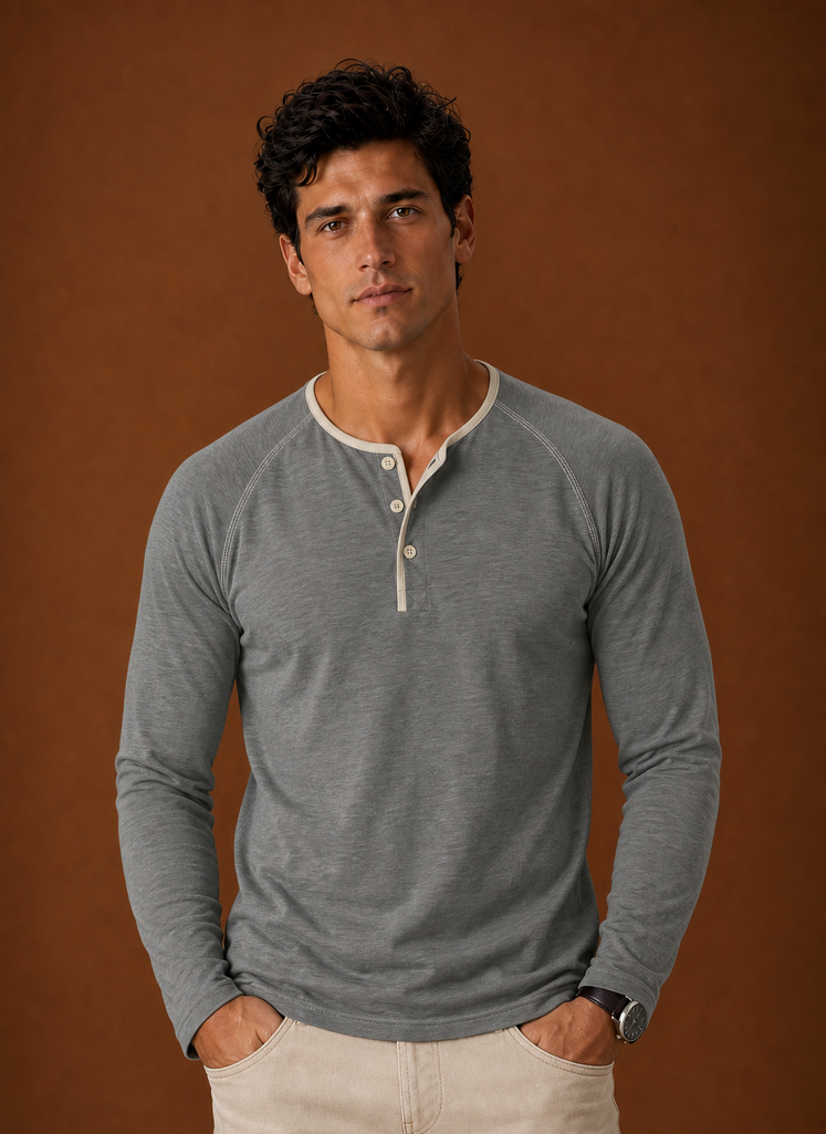 Front view of a men's Henley shirt showing button placket and neckline