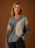 Front view of women's argyle knit pullover on mannequin showing full pattern and silhouette