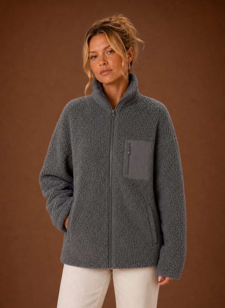 Front view of Areleon Sherpa Zip-Up Jacket showing full-zip closure
