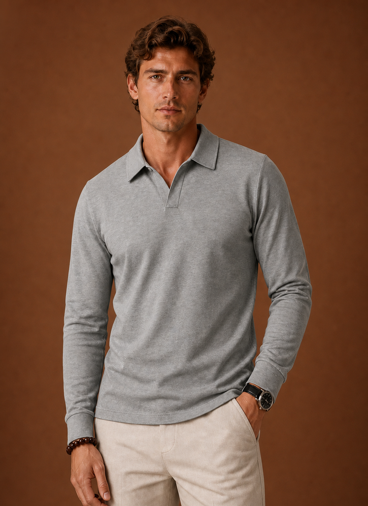 Front view of men's polo shirt showing classic collar and button placket in green