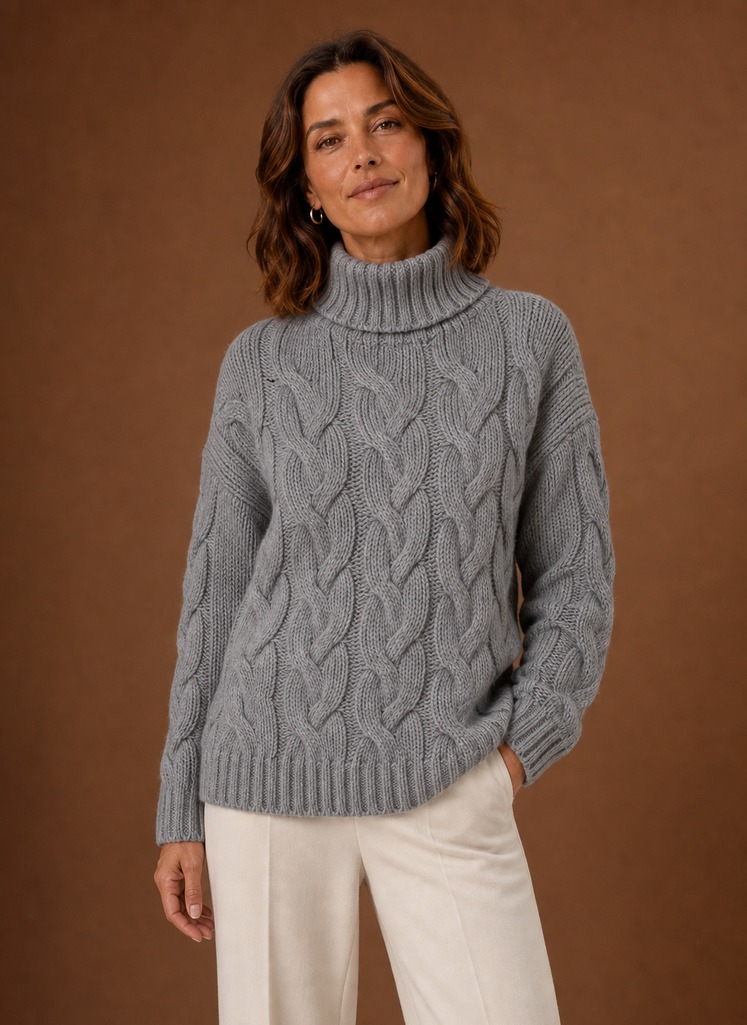 Front view of Areleon cable knit sweater showing full front cable pattern
