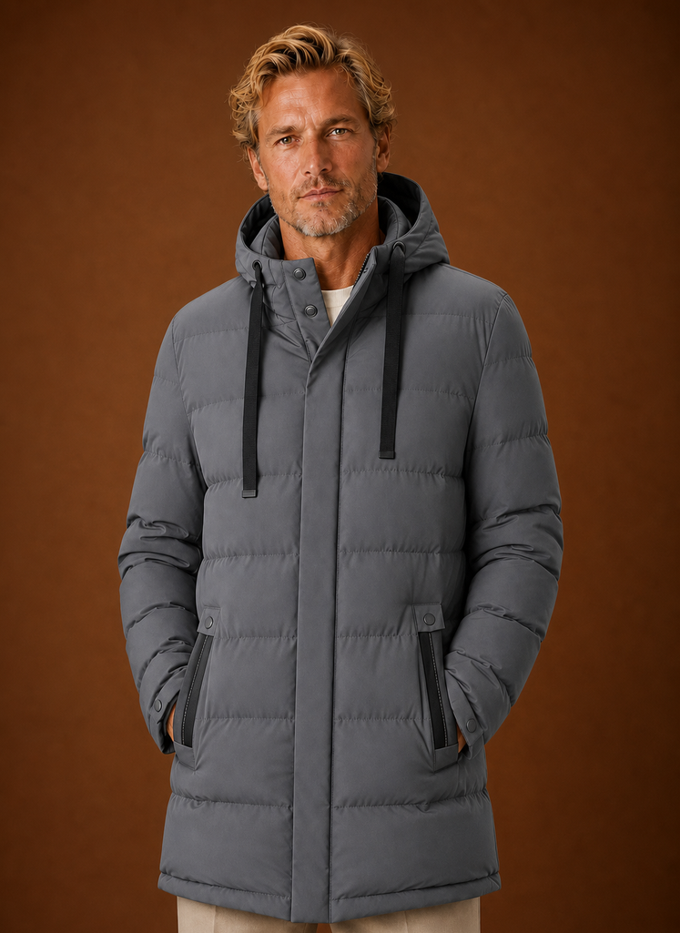Front view of the men's long hooded puffer jacket on a mannequin