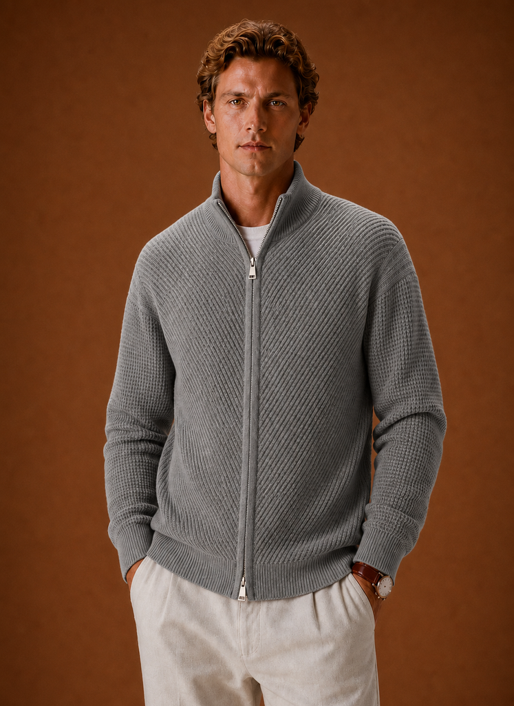 Front view of Areleon men's full-zip knit cardigan on a mannequin