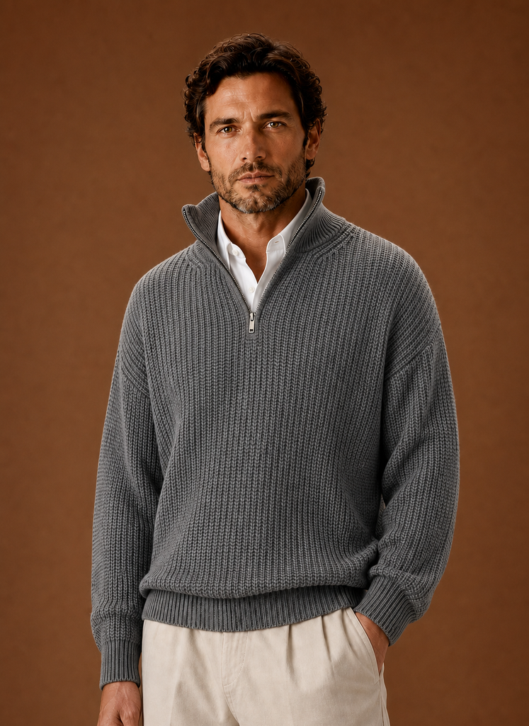Front view of Areleon oversized half-zip ribbed pullover