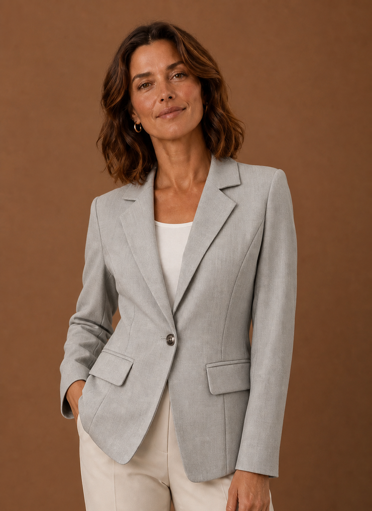 Front view of women's tailored blazer with single-button closure and long sleeves