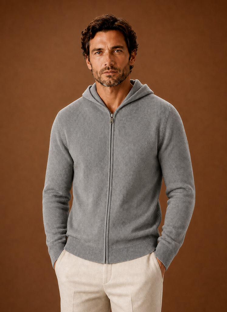 Front view of Areleon men's full-zip knit hoodie on model