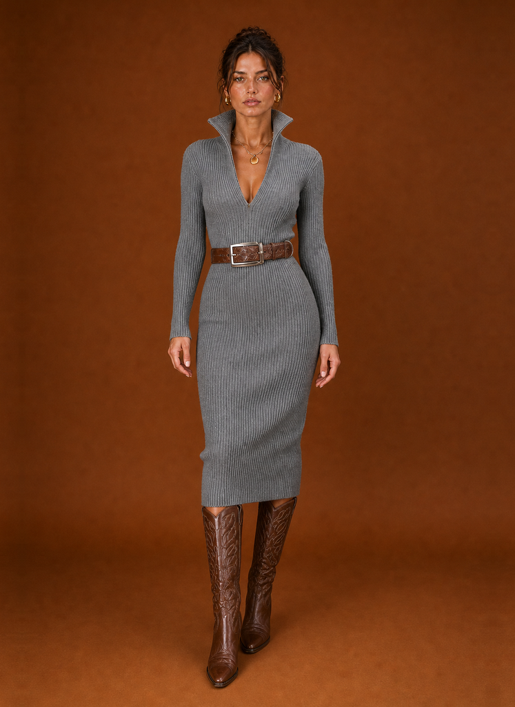 Front view of women's knee-length sweater dress on a mannequin