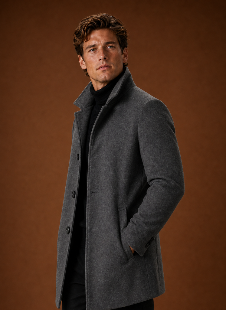 Men's Wool Blend Coat - Classic Button Up Winter Overcoat side view