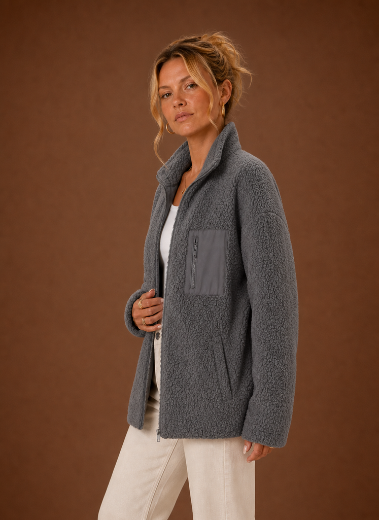 Side profile of Sherpa Zip-Up Jacket showing relaxed silhouette