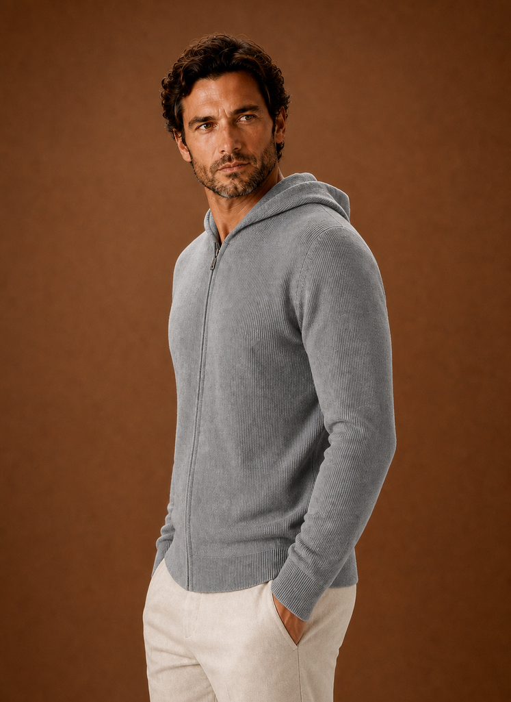 Side profile of Areleon men's full-zip knit hoodie showing hood and zipper