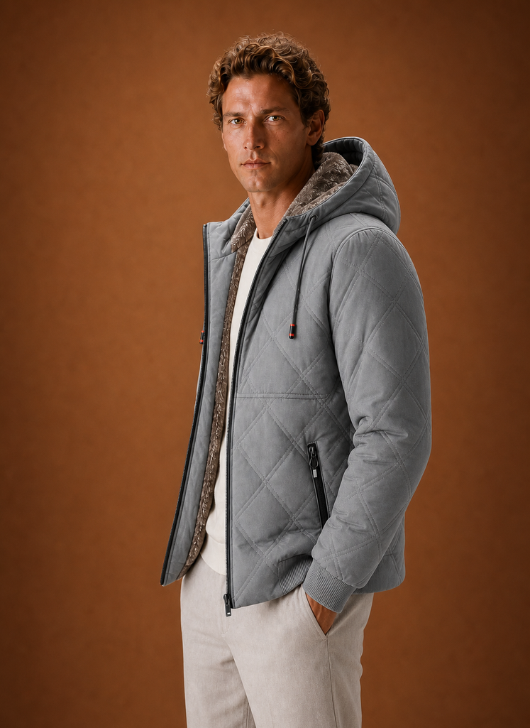 Side profile of men's quilted hooded jacket showing quilted pattern
