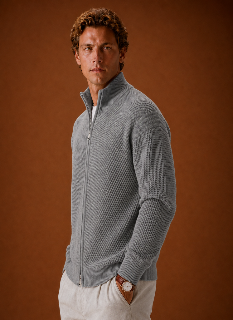 Side view showing profile and zip detail of the Areleon men's knit cardigan