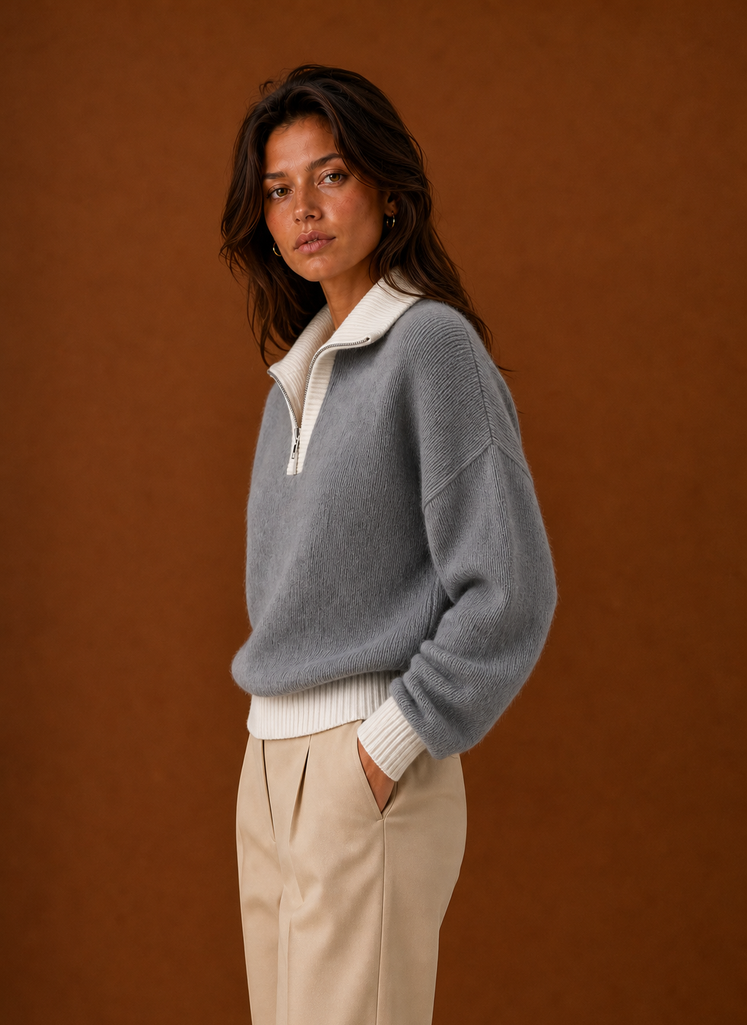 Side view of women's quarter zip sweater highlighting fit and sleeve length