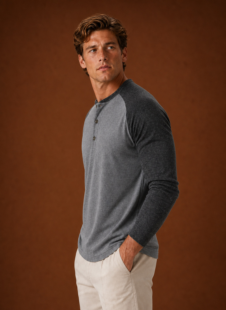 Side profile of the Henley shirt displaying sleeve fit and shoulder seam