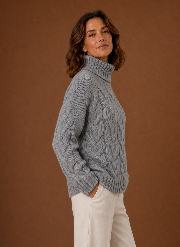 Side profile of Areleon cable knit sweater showing sleeve shape and drape