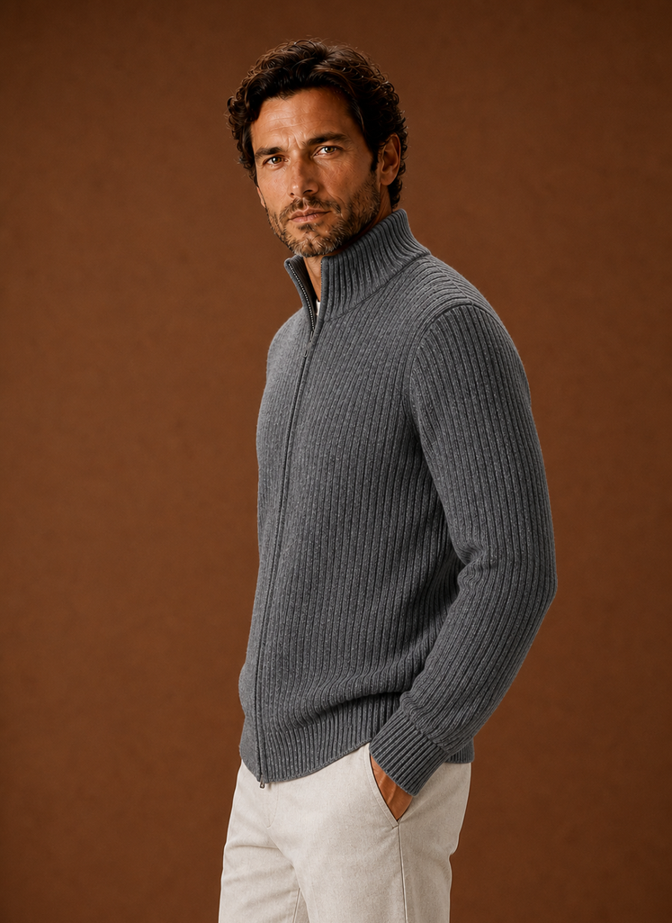 Side profile of Areleon men's ribbed zip sweater showing collar and sleeve silhouette