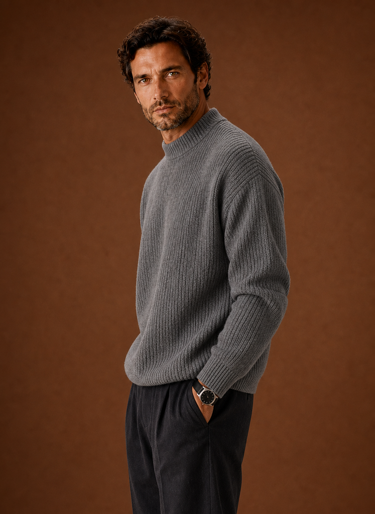 Men's Ribbed Knit Sweater - Crew Neck Pullover side view