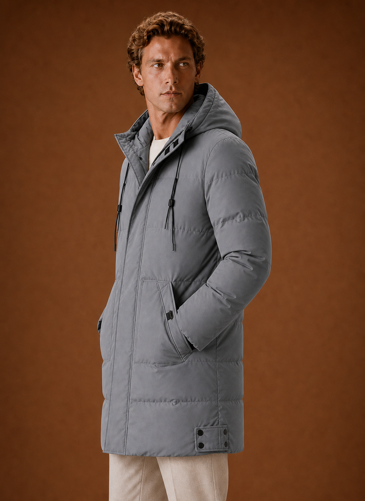 Side profile of men's hooded puffer parka jacket highlighting the silhouette and hood