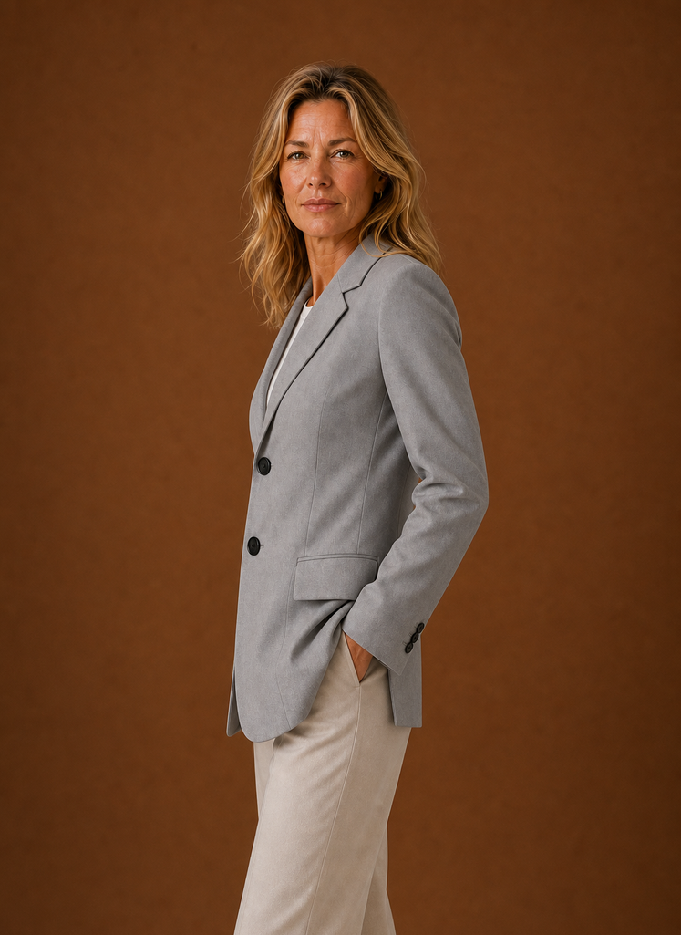 Side view of women's blazer showing longline cut and smooth profile