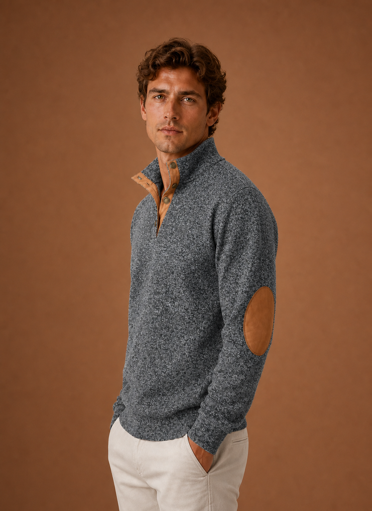 Side view showing the mock neckline and sleeve silhouette of the pullover