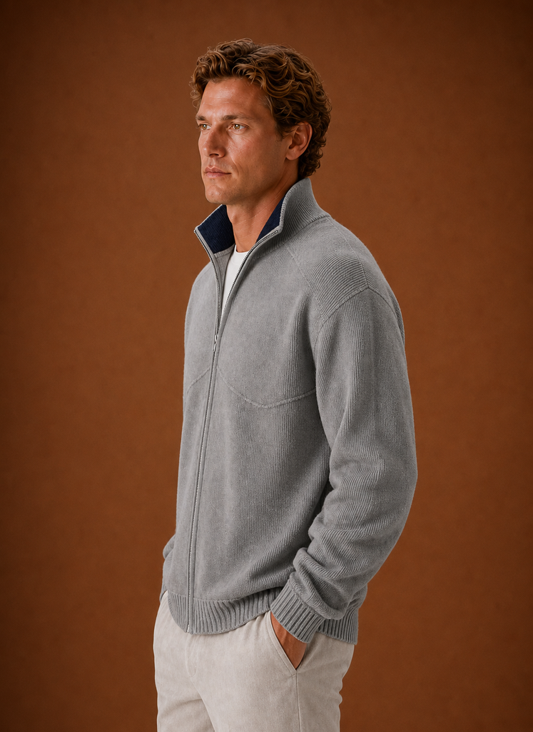 Side view of men's full-zip knit cardigan jacket in grey showing fit and zip closure
