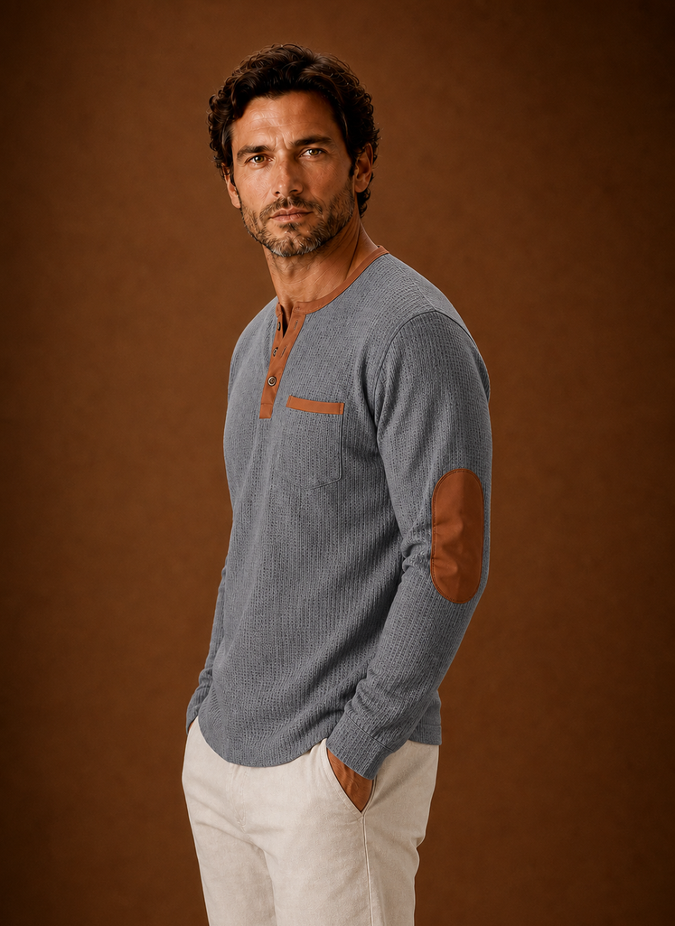 Side view showing fit and long sleeve of men's waffle-knit Henley shirt