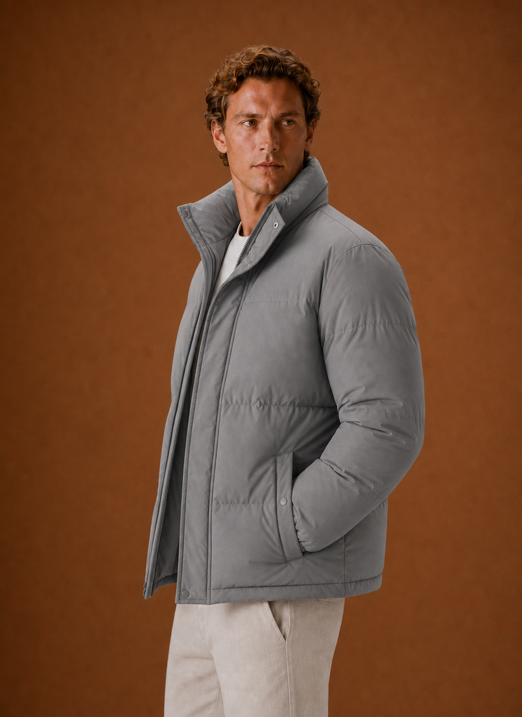 Side profile of the oversized puffer jacket highlighting the silhouette and sleeve shape