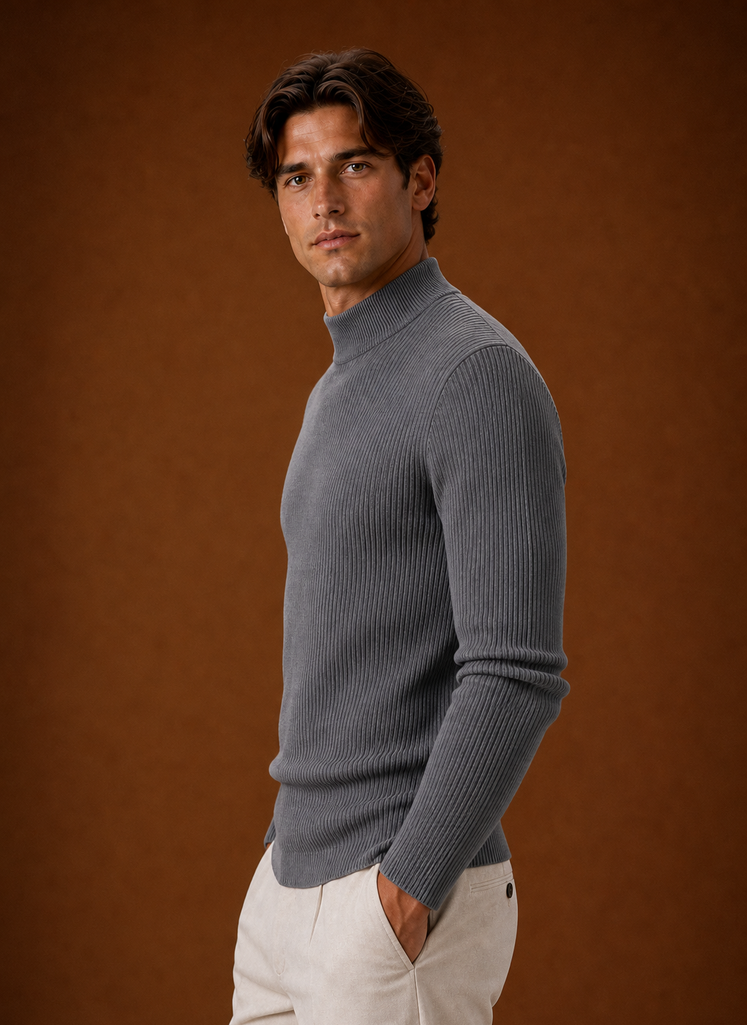 Men's Turtleneck Sweater - Ribbed Roll Neck Knit Pullover side view