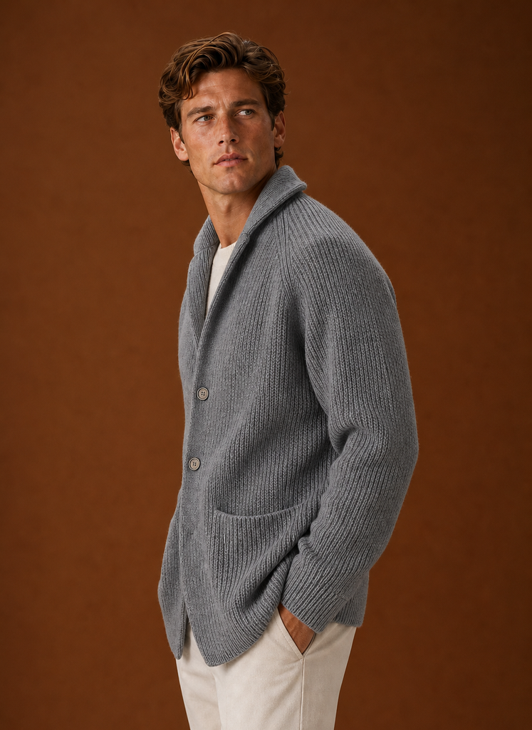 Side profile of a men's ribbed knit cardigan showing sleeve and drape