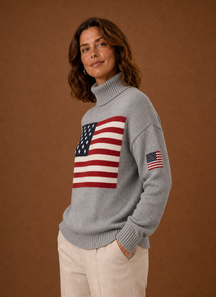 Side profile of women's American flag turtleneck sweater showing neckline and fit