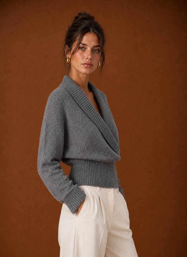 Side view of wrap-front pullover highlighting the overlapping front and silhouette