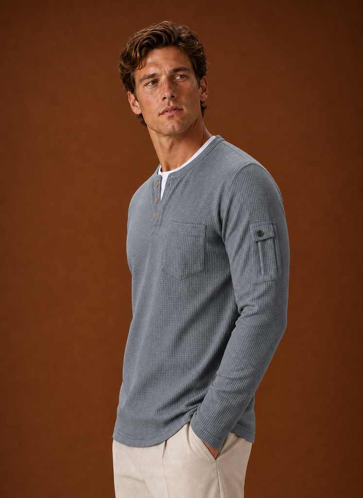 Side view of the Henley shirt showing profile and sleeve fit