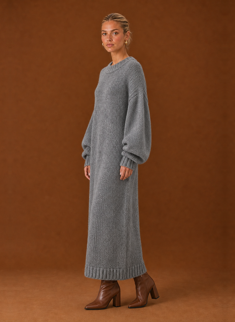 Side profile of the oversized knit maxi dress displaying relaxed fit and drape
