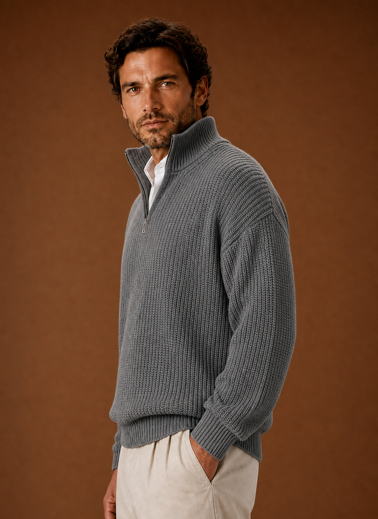 Side profile of Areleon oversized half-zip ribbed pullover