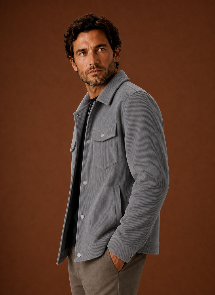 Side profile of a men's crew neck knit sweater showing shoulder and sleeve fit