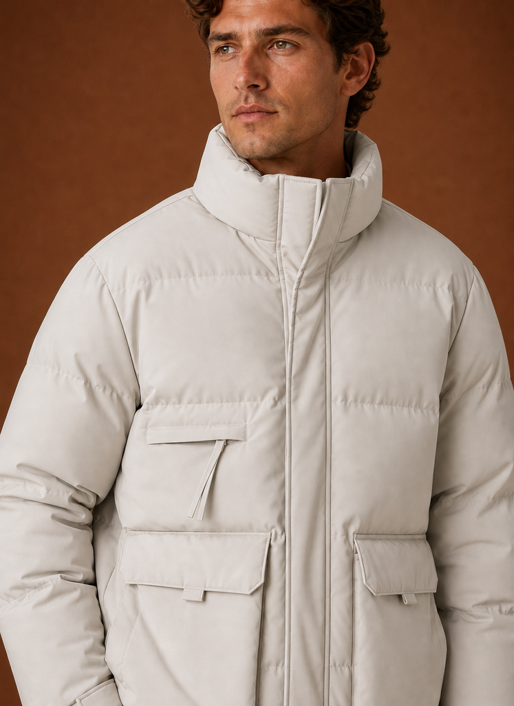 Close-up of the puffer jacket stitching and high-neck finish
