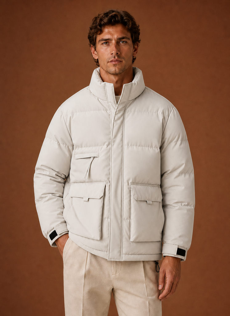 Front view of a high-neck puffer jacket on a mannequin showing the clean silhouette