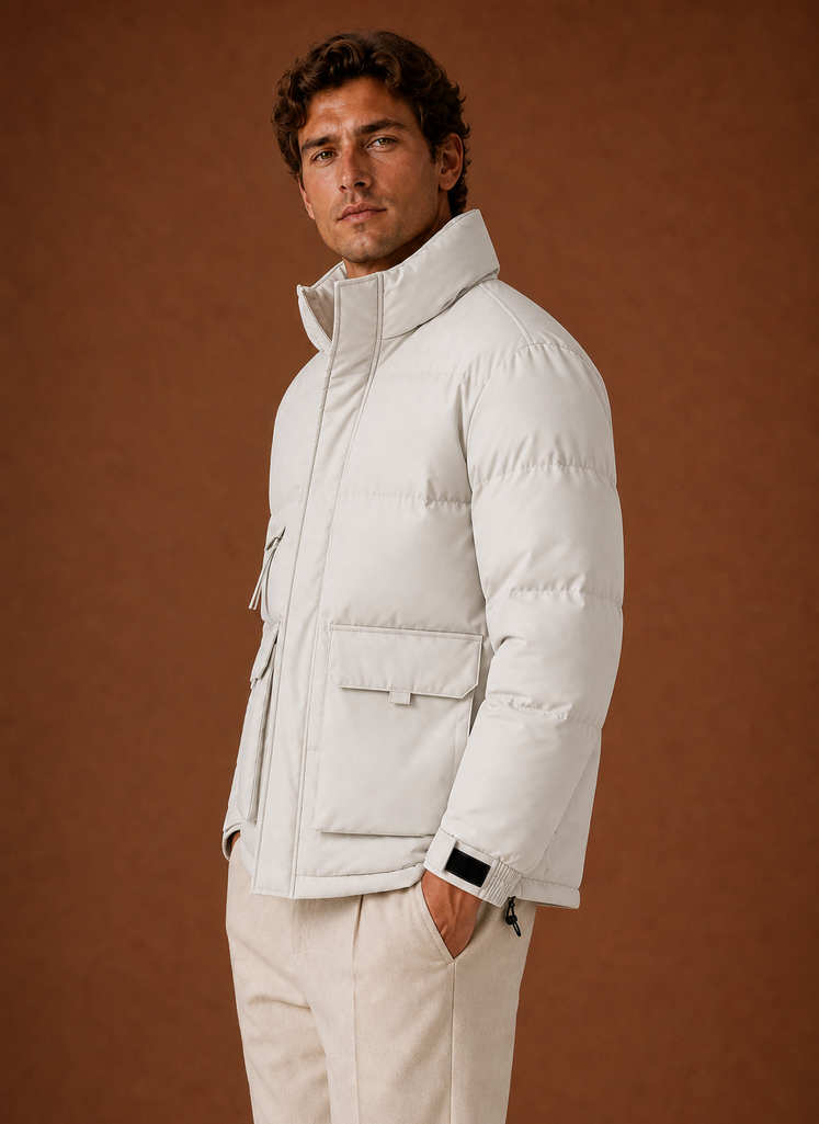 Side profile of the high-neck puffer jacket highlighting the collar and quilted channels