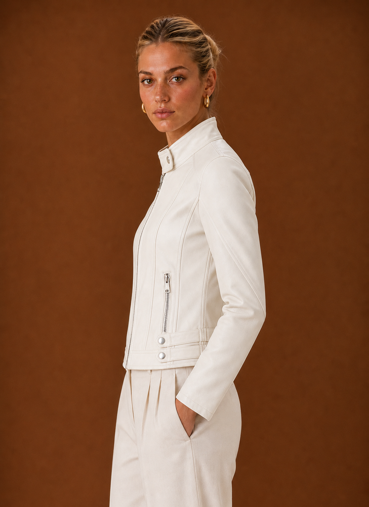 Side profile of women's moto jacket highlighting the shoulder shape and tailored fit