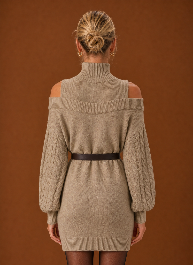 Back view of Areleon women's sweater dress in light grey with smooth knit finish
