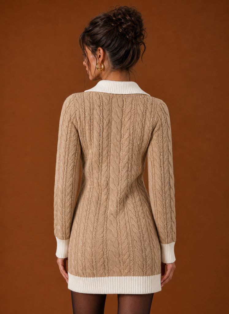 Back view of women's sweater dress showing clean hemline and ribbed details