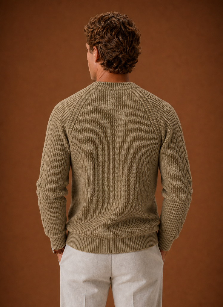 Back view of a men's cable knit crewneck sweater in sky blue
