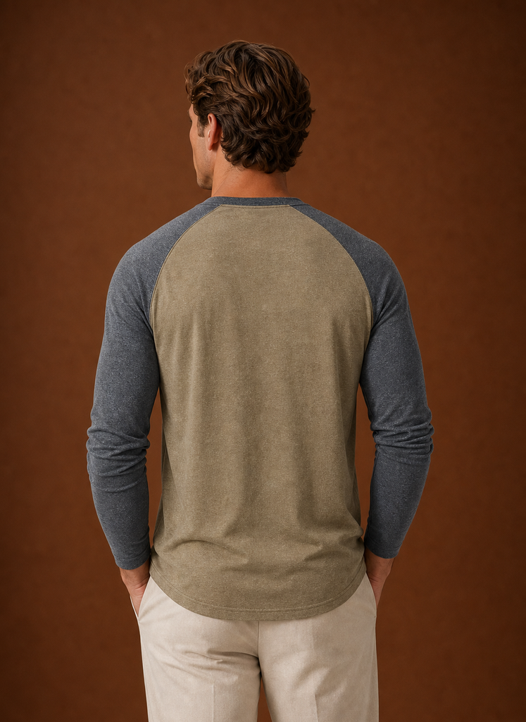 Back view of Areleon men's Henley shirt with smooth back panel