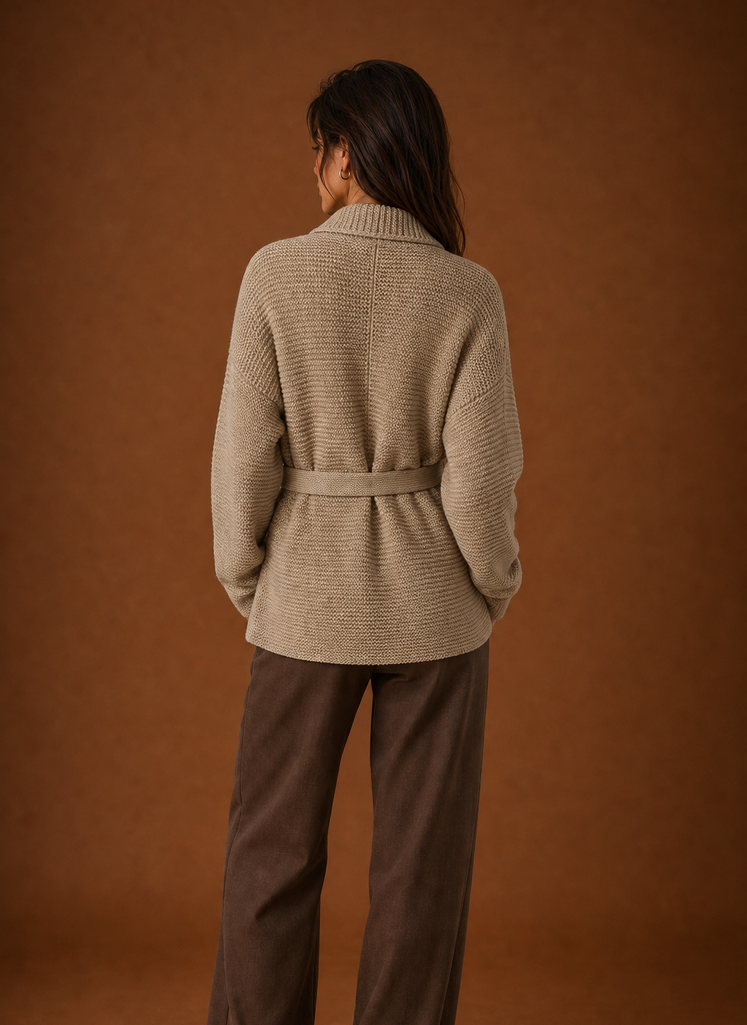 Back view of belted cardigan showing straight hem and chunky knit finish
