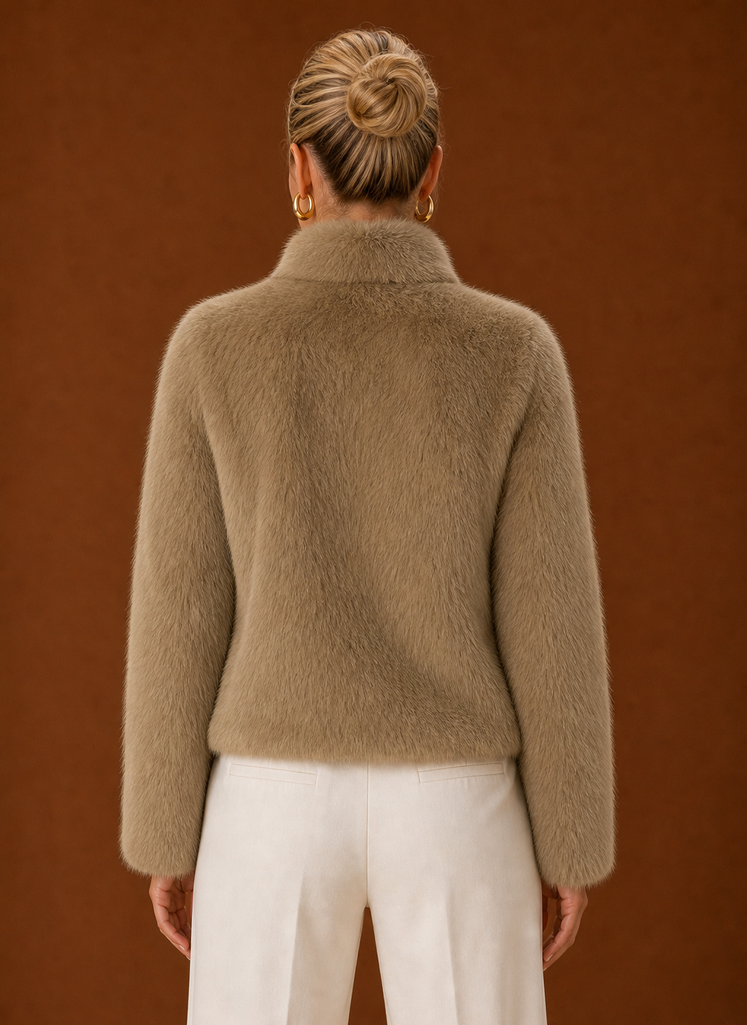 Back view of Areleon women's faux fur jacket showing full coverage and hemline