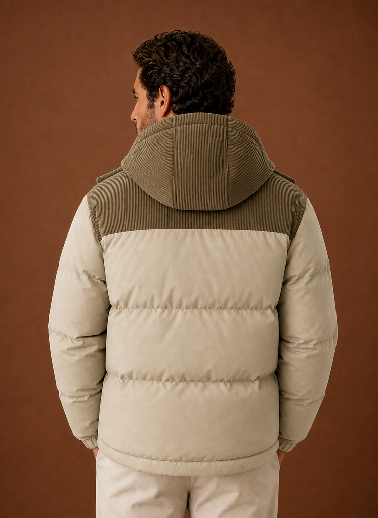 Back view of men's quilted puffer jacket with streamlined silhouette
